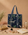 Navy Blue Jungle Print | Handmade Padded Shoulder Bag | Large Everyday Tote