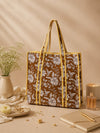Brown Botanical Floral Print | Handmade Padded Shoulder Bag | Rooh Rajasthan Quilted Cotton Tote Bag